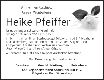 Traueranzeige von Heike Pfeiffer von Mitteldeutsche Zeitung Merseburg/Querfurt