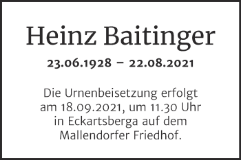 Traueranzeige von Heinz Baitinger von Super Sonntag Naumburg/Nebra