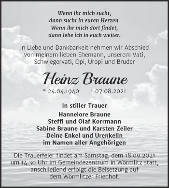 Traueranzeige von Heinz Braune von Mitteldeutsche Zeitung Halle/Saalkreis