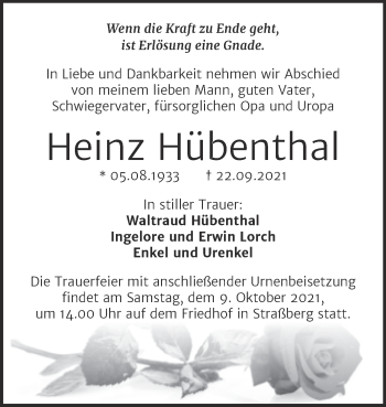 Traueranzeige von Heinz Hübenthal von Trauerkombi Quedlinburg