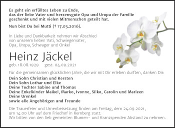 Traueranzeige von Heinz Jäckel von Trauerkombi Wittenberg