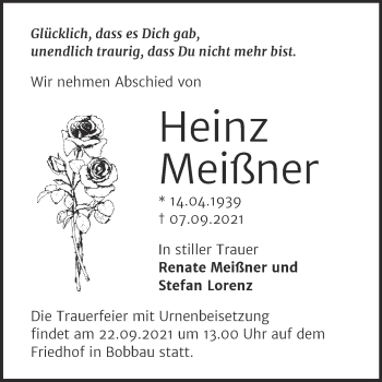 Traueranzeige von Heinz Meißner von Trauerkombi Bitterfeld