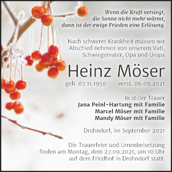 Traueranzeige von Heinz Möser von Trauerkombi Aschersleben