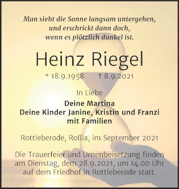 Traueranzeige von Heinz Riegel von Trauerkombi Sangerhausen