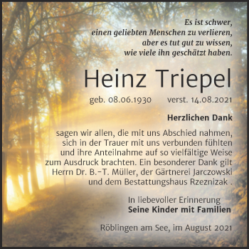 Traueranzeige von Heinz Triepel von Trauerkombi Mansfelder Land