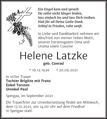 Traueranzeige von Helene Latzke von Trauerkombi Merseburg