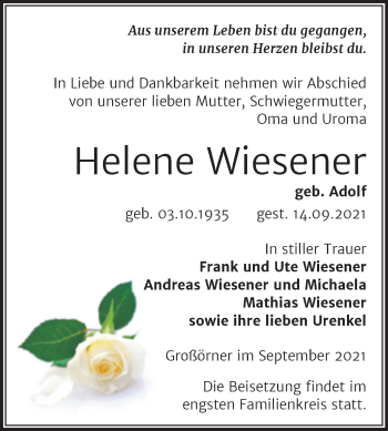 Traueranzeige von Helene Wiesener von Trauerkombi Mansfelder Land