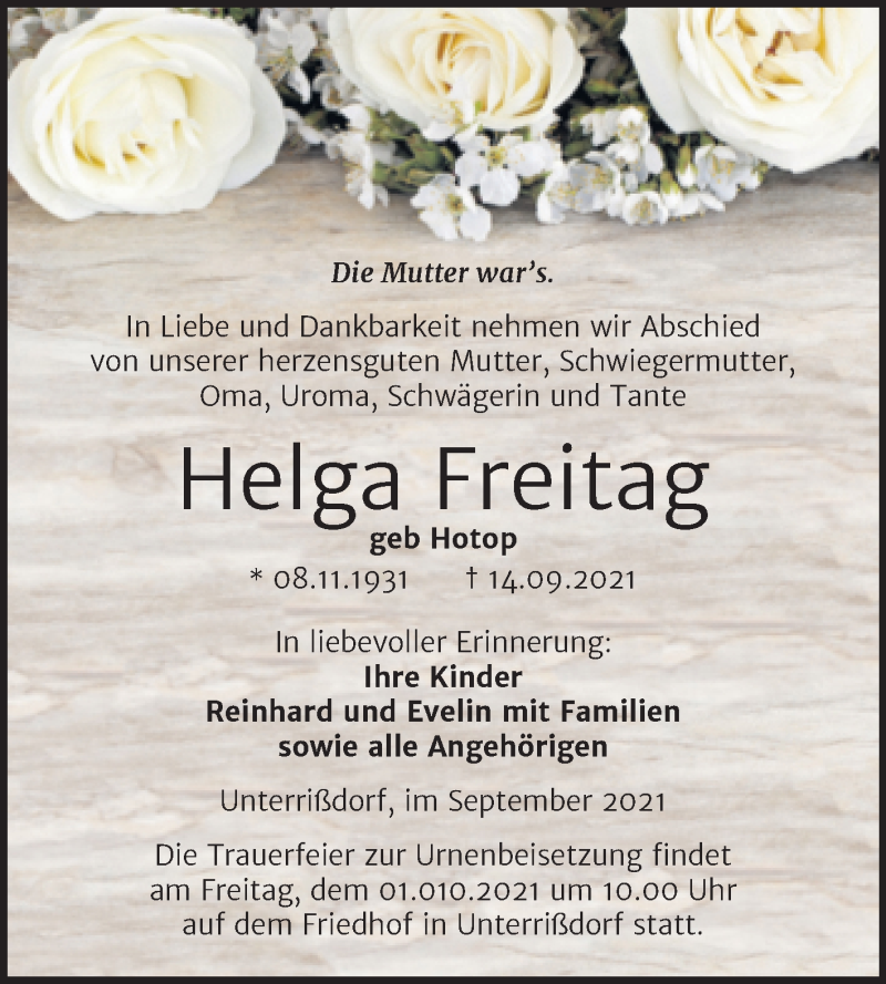 Traueranzeigen von Helga Freitag | www.abschied-nehmen.de