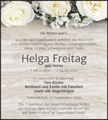 Traueranzeige von Helga Freitag von Trauerkombi Mansfelder Land