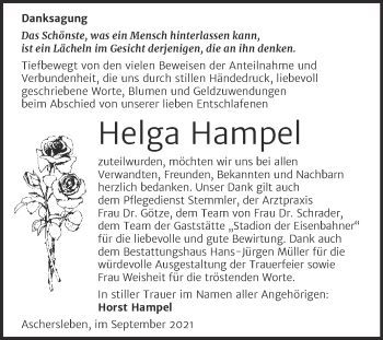 Traueranzeige von Helga Hampel von Trauerkombi Aschersleben