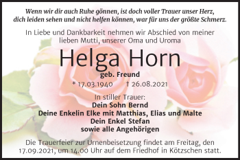 Traueranzeige von Helga Horn von Trauerkombi Merseburg