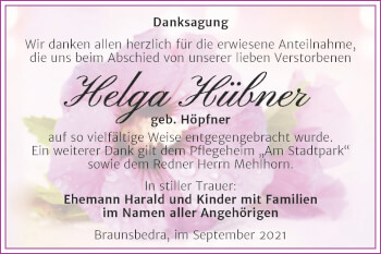 Traueranzeige von Helga Hübner von Trauerkombi Merseburg