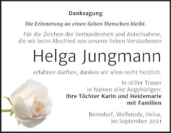 Traueranzeige von Helga Jungmann von Trauerkombi Mansfelder Land