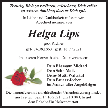 Traueranzeige von Helga Lips von Trauerkombi Quedlinburg