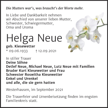 Traueranzeige von Helga Neue von Trauerkombi Quedlinburg