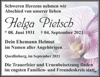 Traueranzeige von Helga Pietsch von Trauerkombi Quedlinburg