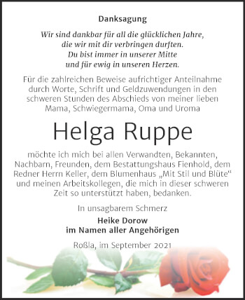 Traueranzeige von Helga Ruppe von Trauerkombi Sangerhausen