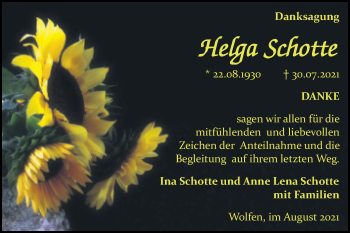 Traueranzeige von Helga Schotte von Trauerkombi Bitterfeld