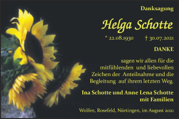 Traueranzeige von Helga Schotte von Trauerkombi Dessau