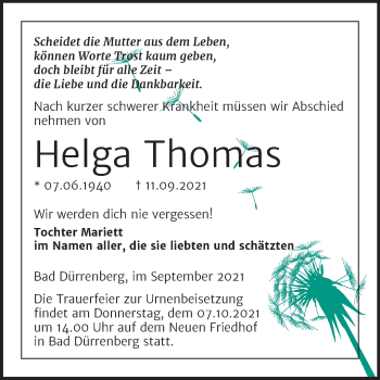 Traueranzeige von Helga Thomas von Trauerkombi Merseburg