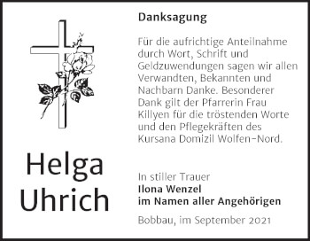 Traueranzeige von Helga Uhrich von Trauerkombi Bitterfeld