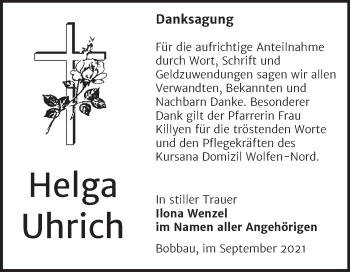 Traueranzeige von Helga Uhrich von Trauerkombi Bitterfeld