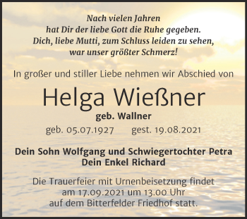 Traueranzeige von Helga Wießner von Trauerkombi Bitterfeld