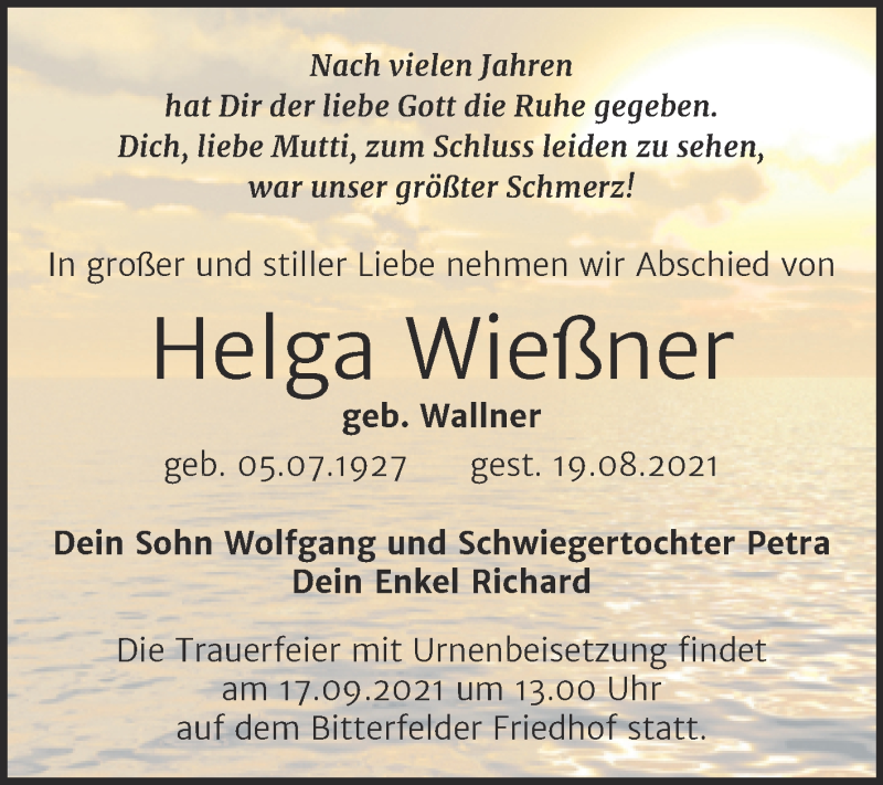  Traueranzeige für Helga Wießner vom 04.09.2021 aus Trauerkombi Bitterfeld
