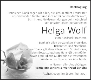 Traueranzeige von Helga Wolf von Trauerkombi Aschersleben
