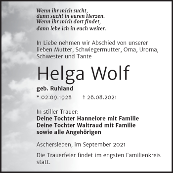 Traueranzeige von Helga Wolf von Trauerkombi Aschersleben
