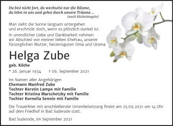 Traueranzeige von Helga Zube von Trauerkombi Quedlinburg