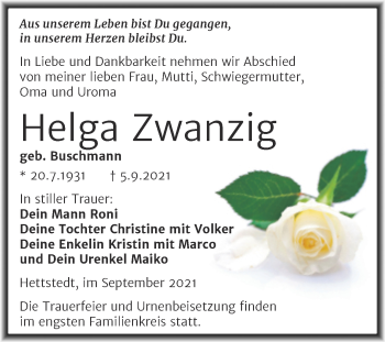 Traueranzeige von Helga Zwanzig von Trauerkombi Mansfelder Land