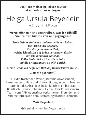 Traueranzeige von Helga Ursula Beyerlein von Trauerkombi Wittenberg