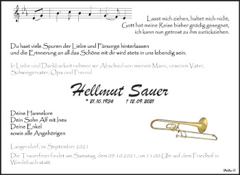 Traueranzeige von Hellmut Sauer von Trauerkombi Weißenfels