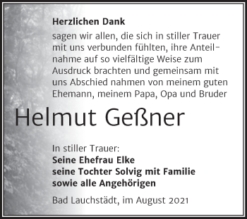 Traueranzeige von Helmut Geßner von Trauerkombi Merseburg