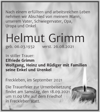 Traueranzeige von Helmut Grimm von Trauerkombi Aschersleben