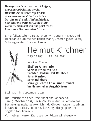 Traueranzeige von Helmut Kirchner von Wochenspiegel Naumburg/Nebra