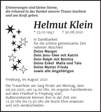 Traueranzeige von Helmut Klein von Naumburger Tageblatt