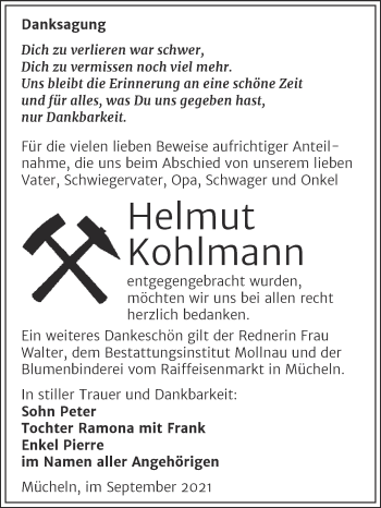 Traueranzeige von Helmut Kohlmann von Trauerkombi Merseburg