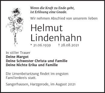 Traueranzeige von Helmut Lindenhahn von Trauerkombi Sangerhausen