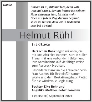 Traueranzeige von Helmut Rühl von Trauerkombi Bitterfeld