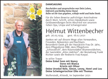 Traueranzeige von Helmut Wittenbecher von Trauerkombi Sangerhausen