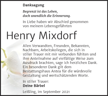 Traueranzeige von Henry Mixdorf von Trauerkombi Weißenfels