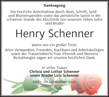 Traueranzeige von Henry Schenner von Mitteldeutsche Zeitung Halle/Saalkreis