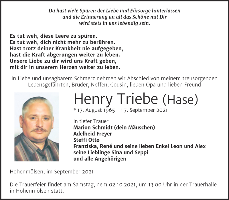  Traueranzeige für Henry Triebe vom 11.09.2021 aus Trauerkombi Weißenfels