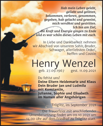 Traueranzeige von Henry Wenzel von Trauerkombi Zeitz