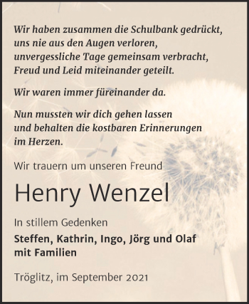 Traueranzeige von Henry Wenzel von Trauerkombi Zeitz