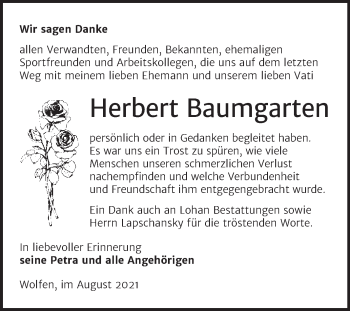 Traueranzeige von Herbert Baumgarten von Trauerkombi Bitterfeld