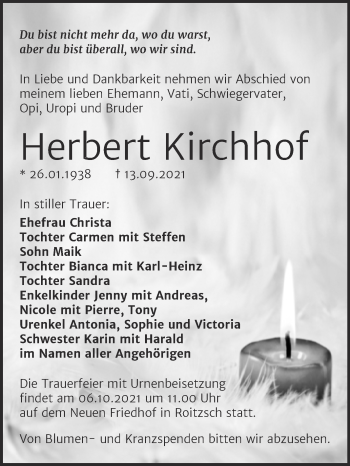 Traueranzeige von Herbert Kirchhof von Trauerkombi Bitterfeld