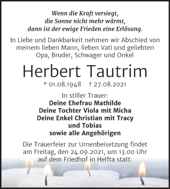 Traueranzeige von Herbert Tautrim von Mitteldeutsche Zeitung Mansfelder Land